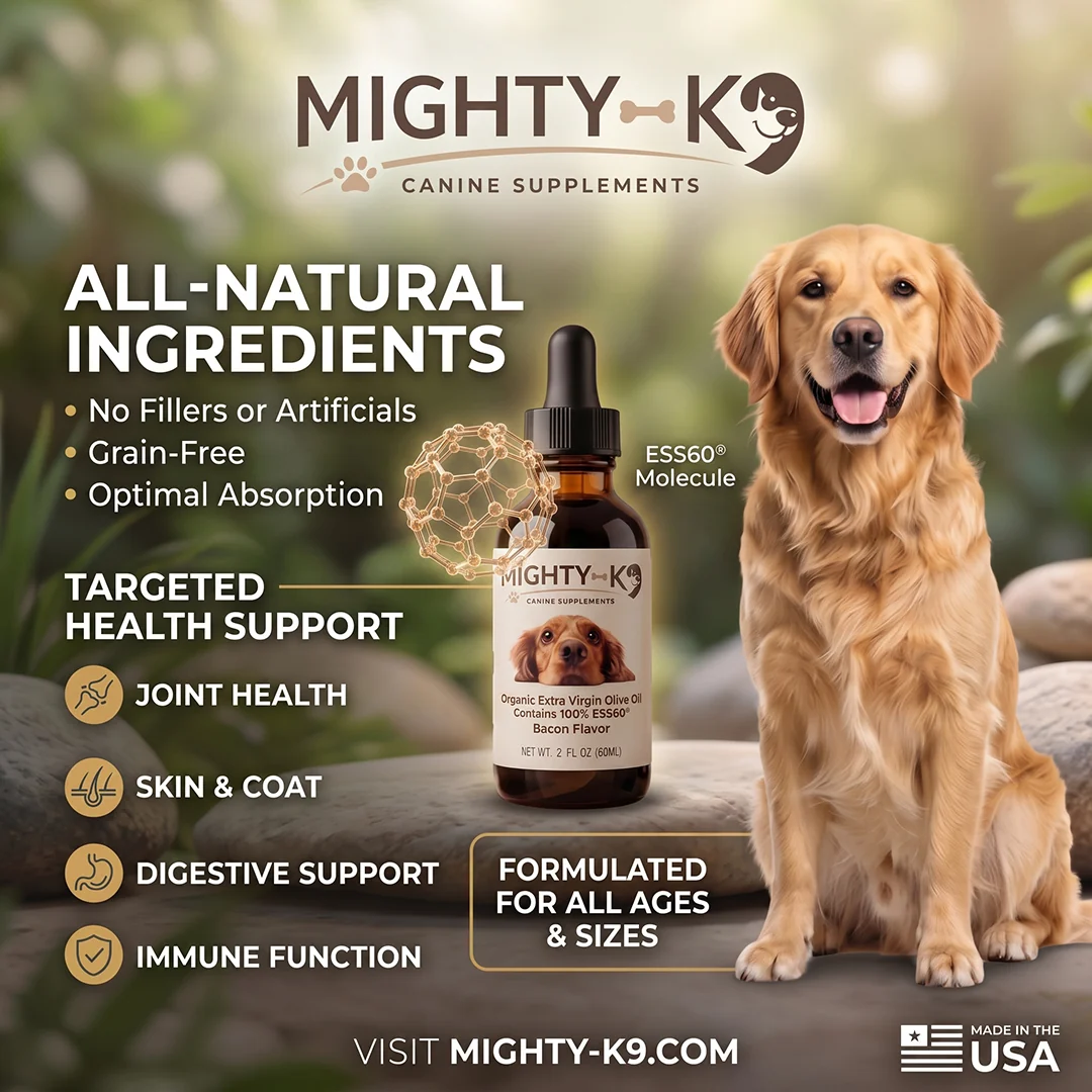 Mighty K9 dog supplement with a golden retriever: all-natural ingredients, grain-free, formulated for all ages and sizes, made in the USA